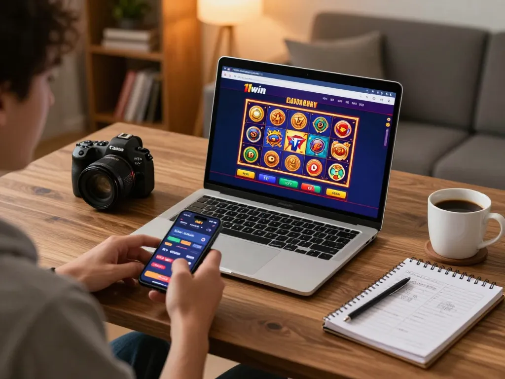 Engaging with the 11win casino platform from home, showcasing laptop and smartphone gaming.