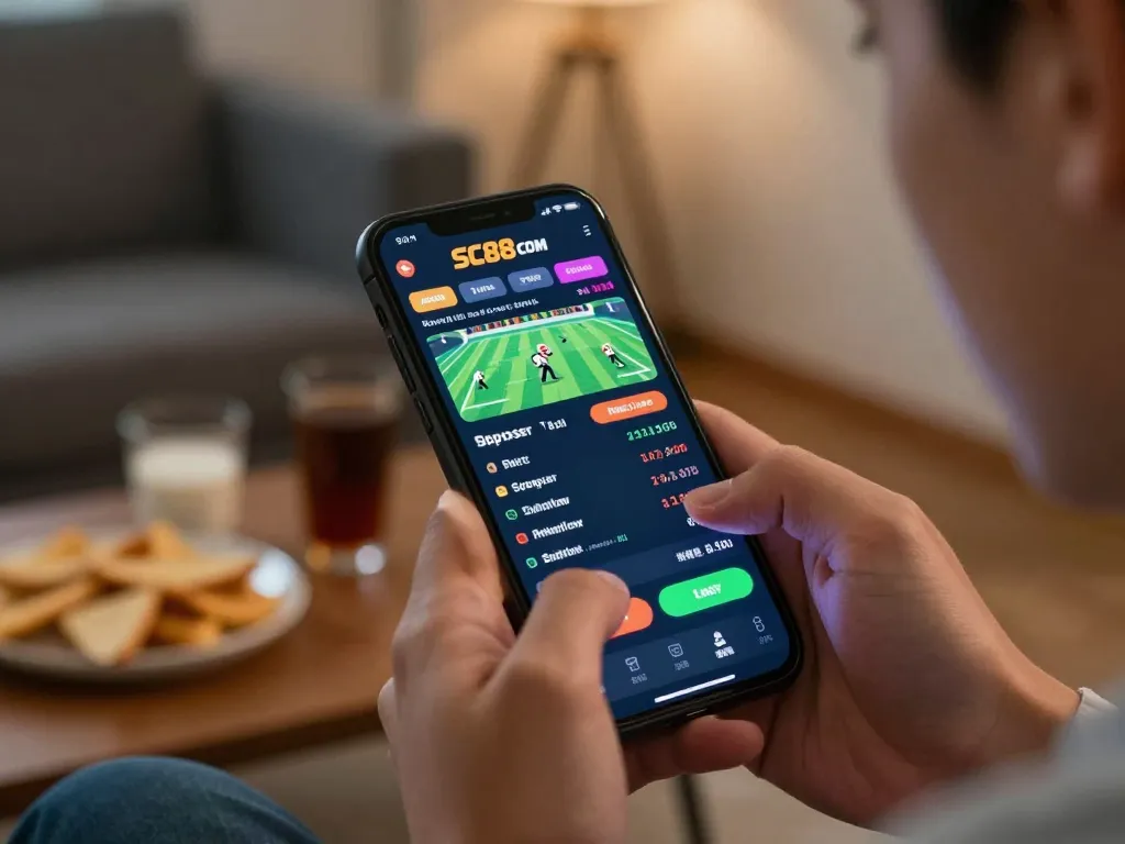 Engaged user exploring live betting odds on SC88 COM app in a cozy home setting