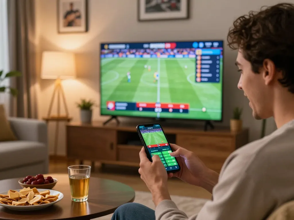 Engaging in แทงบอล using a sports betting app while watching live football in a cozy home setting.