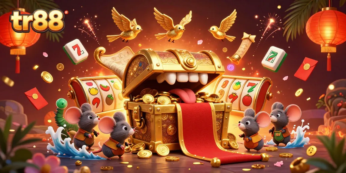 Experience excitement at tr88 casino with vibrant 3D illustration showcasing slot reels and treasure.