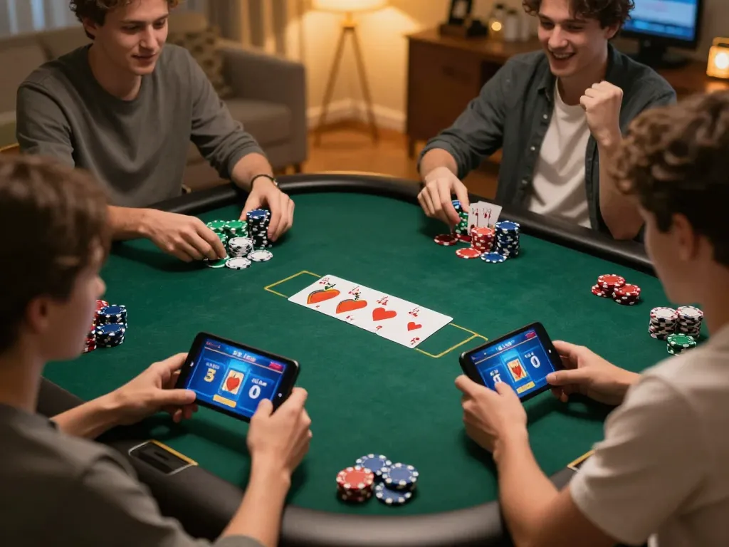 Players actively strategizing in an online poker game at tg88, showcasing betting excitement and a cozy atmosphere.