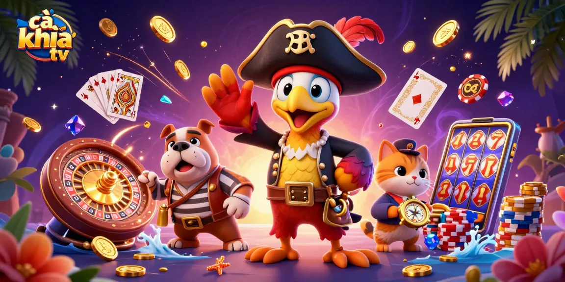 Engage in thrilling gaming with cà khịa tv, featuring a pirate captain and treasures in a dynamic casino scene.