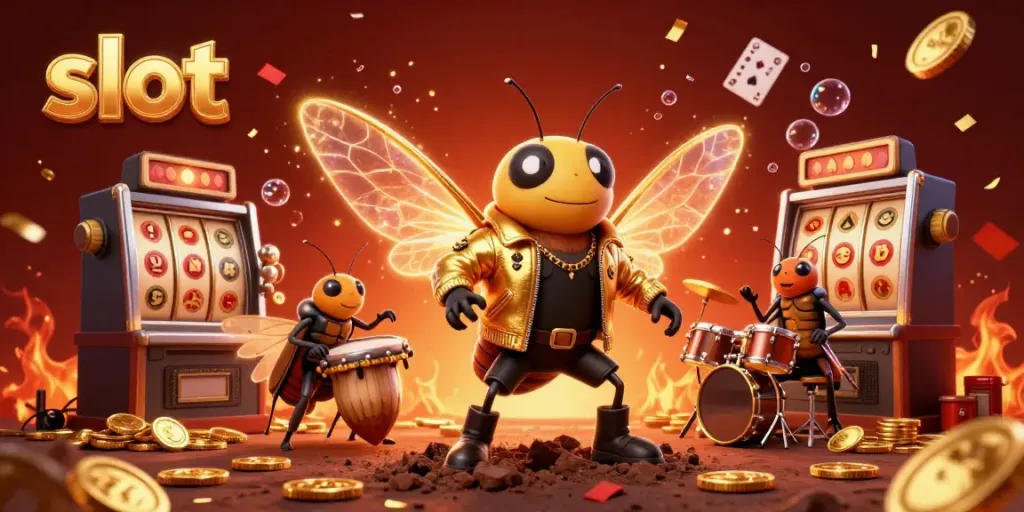 Spin the slot reels with the cicada rock star and vibrant elements in a lively casino scene.