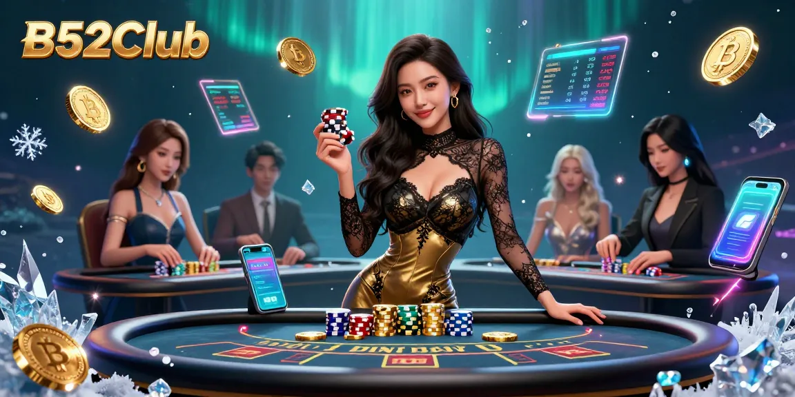 Experience high-stakes gaming at B52Club with glamorous baccarat action and vibrant crypto elements.
