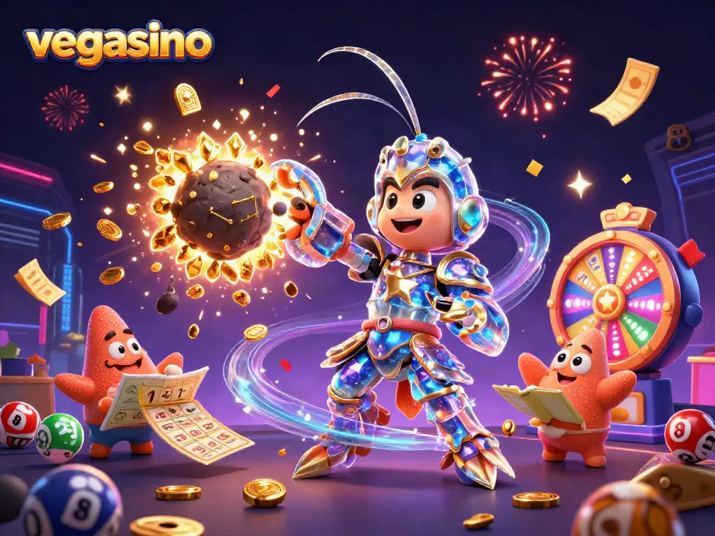 Play vegasino with exciting games and bonuses, featuring colorful lottery elements and vibrant cosmic visuals.