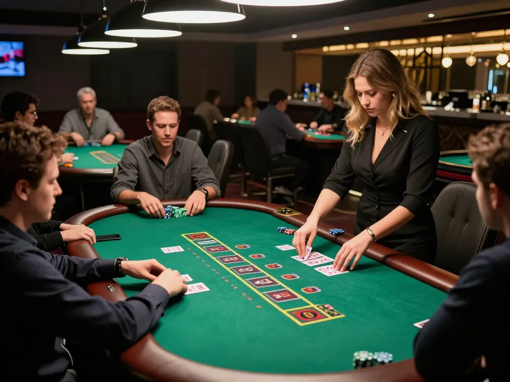 FLY88 players engaging in a thrilling game of blackjack with a professional dealer in a vibrant casino atmosphere.
