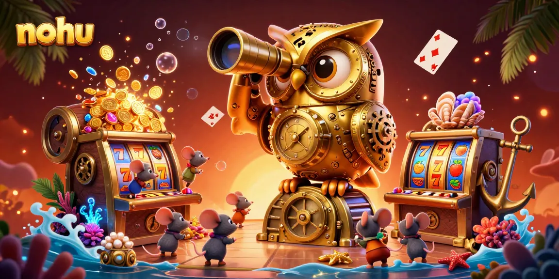 Nohu casino illustration showcasing a clockwork owl and bustling slot machines filled with animations.
