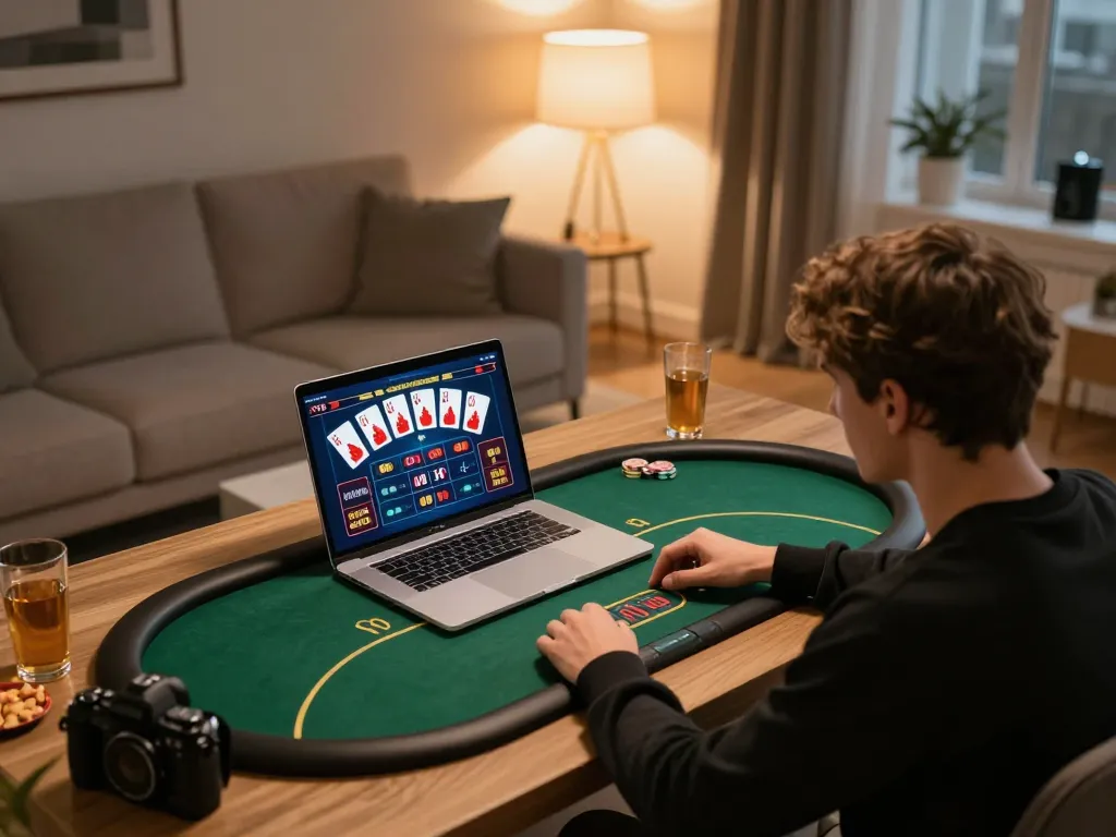 Player engaged in online poker strategy at home, showcasing x88's immersive gaming experience.