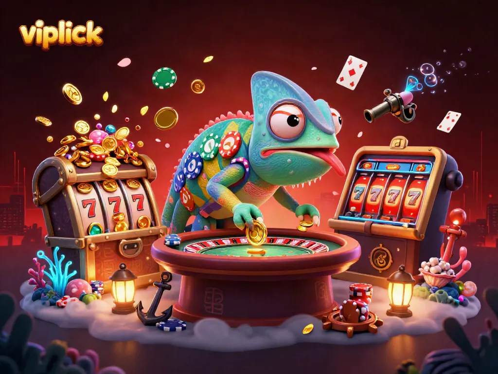 Experience the vibrant excitement at vipluck with colorful casino elements and a dynamic chameleon owner.