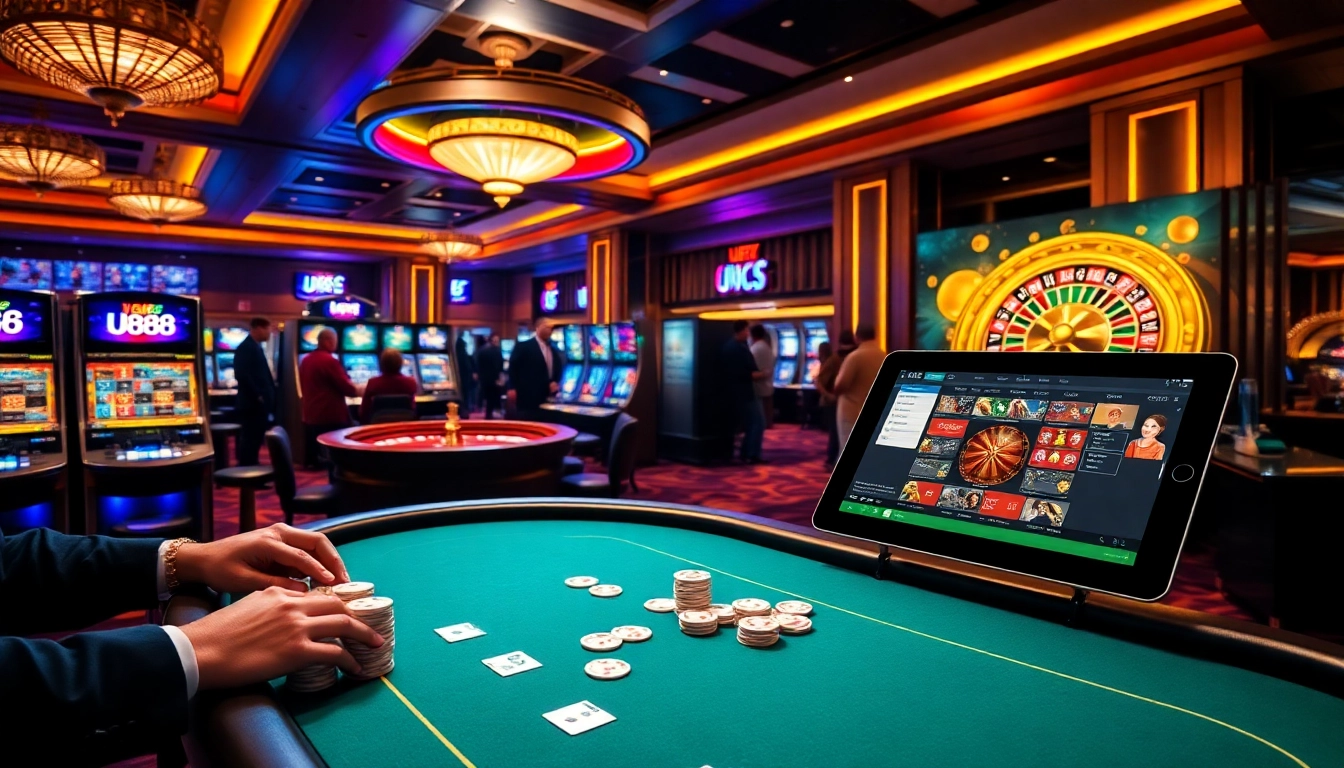 Experience high-stakes gaming at U888 with vibrant slots, an elegant poker table, and energetic players.