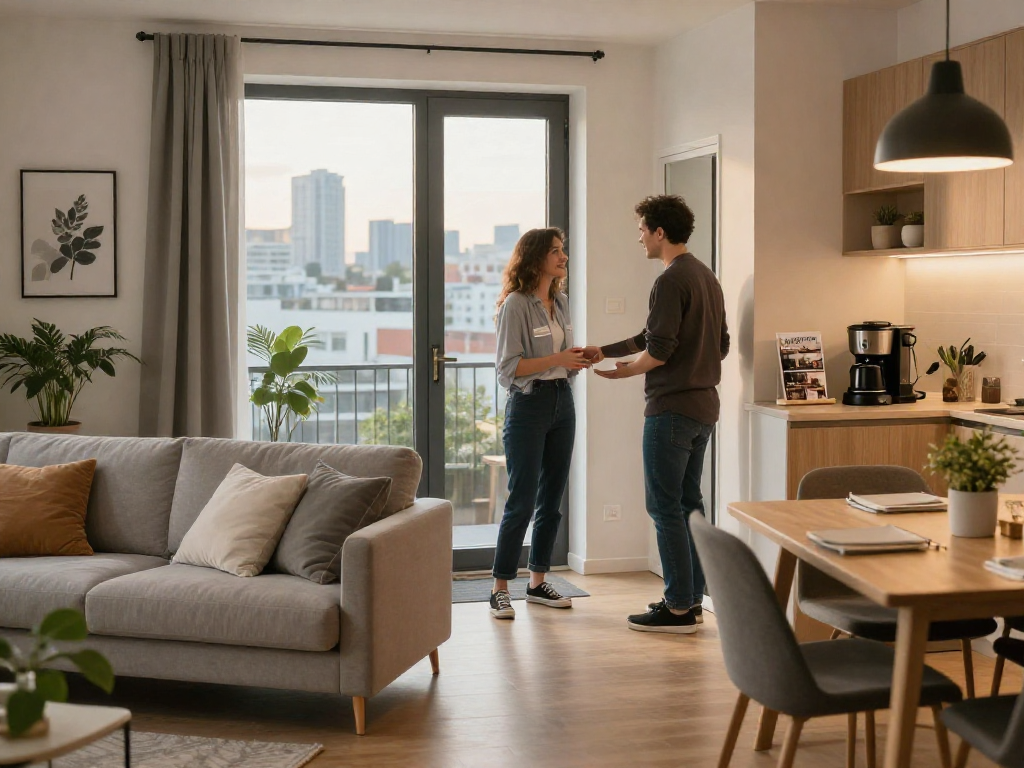 Flexibles Monteurzimmer Hannover mit stilvollem Wohnzimmer, einladend und komfortabel eingerichtet.