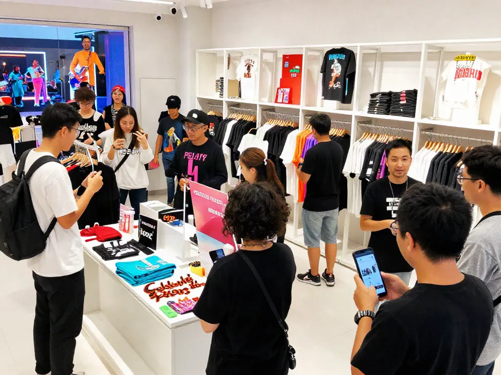 rokok88 exclusive merchandise displayed in modern retail environment, fans engaging with products