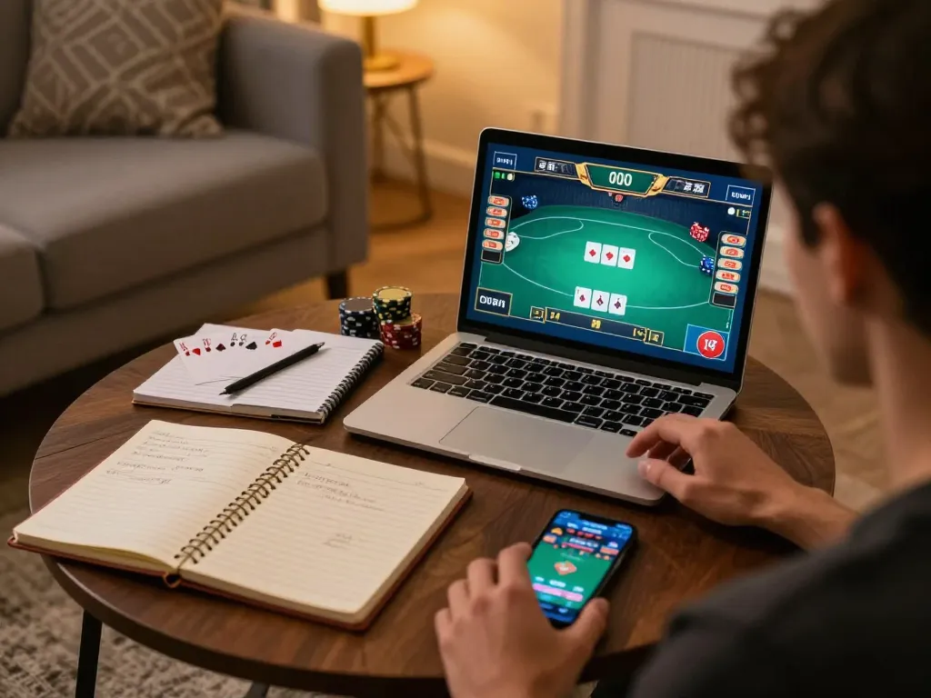 Engaging in poker gameplay on RR88 website from a cozy home setup, showcasing strategy and relaxation.