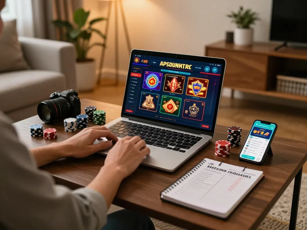 Player enjoying TT88 casino games on a laptop, with chips and strategy notes visible in cozy home setting.