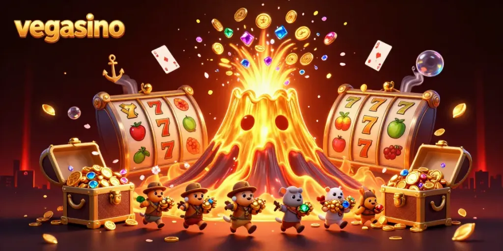 Experience exciting wins at vegasino with a lively 3D illustration depicting thrilling casino adventures.