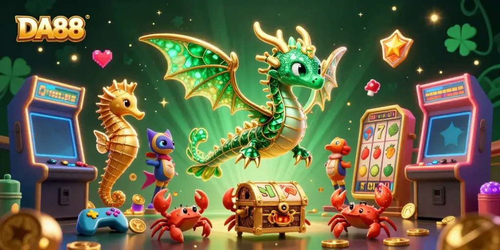 Engage in DA88 gaming with a vibrant scene featuring a magical sea dragon and charismatic casino elements.