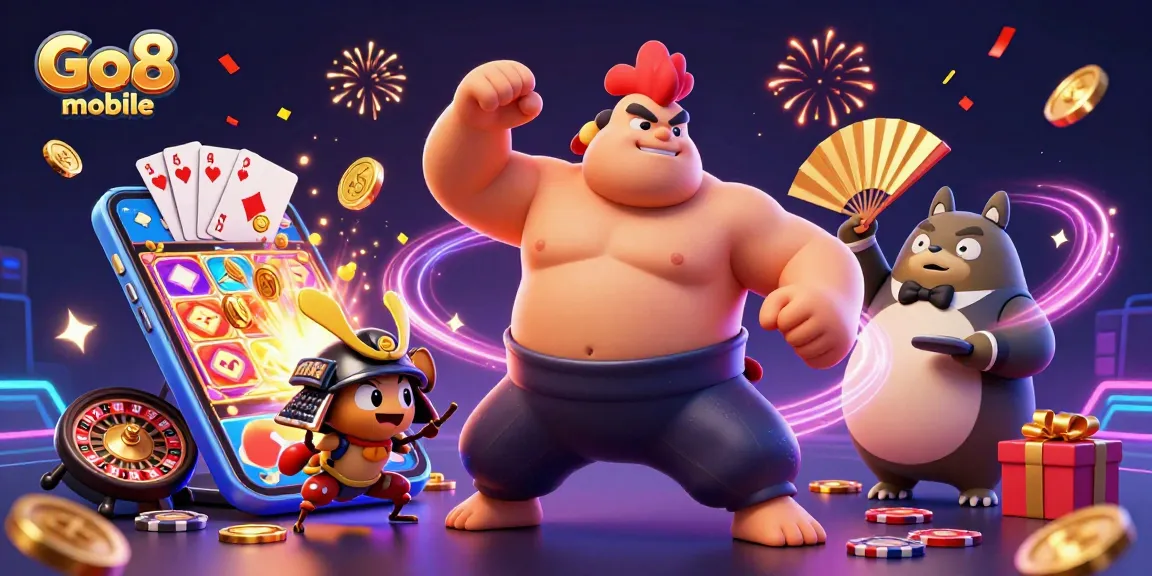 Engage with Go8 mobile slot action as a powerful sumo rooster and fierce cricket celebrate a big win!
