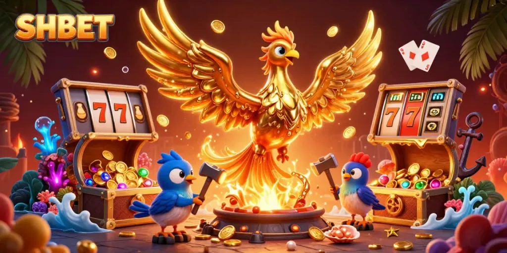 Experience thrilling gameplay at SHBET with a vibrant phoenix and dynamic casino elements.