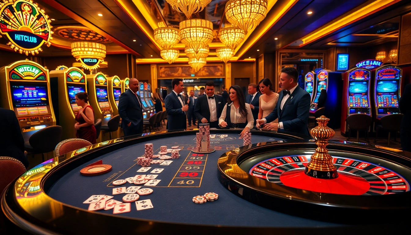 Hitclub gaming table with excited players and stylish decor in a vibrant casino atmosphere.
