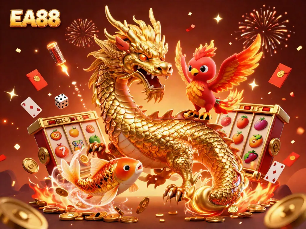 Experience thrilling jackpot excitement with EA88 featuring dynamic casino elements in a vibrant scene.