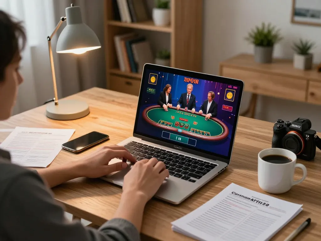Player enjoying online blackjack game on laptop at home, tg88 strategies visible on notes.