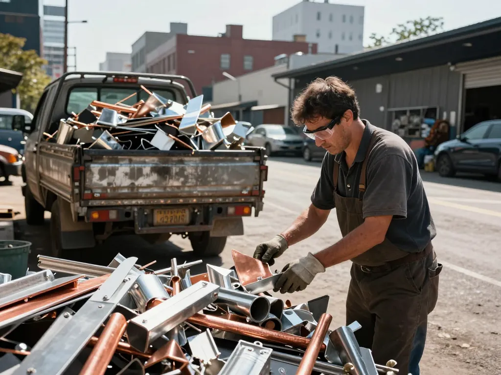 Ein fleißiger Schrotthändler, der Metallabfälle in einem städtischen Recyclingumfeld inspiziert und Nachhaltigkeit hervorhebt.