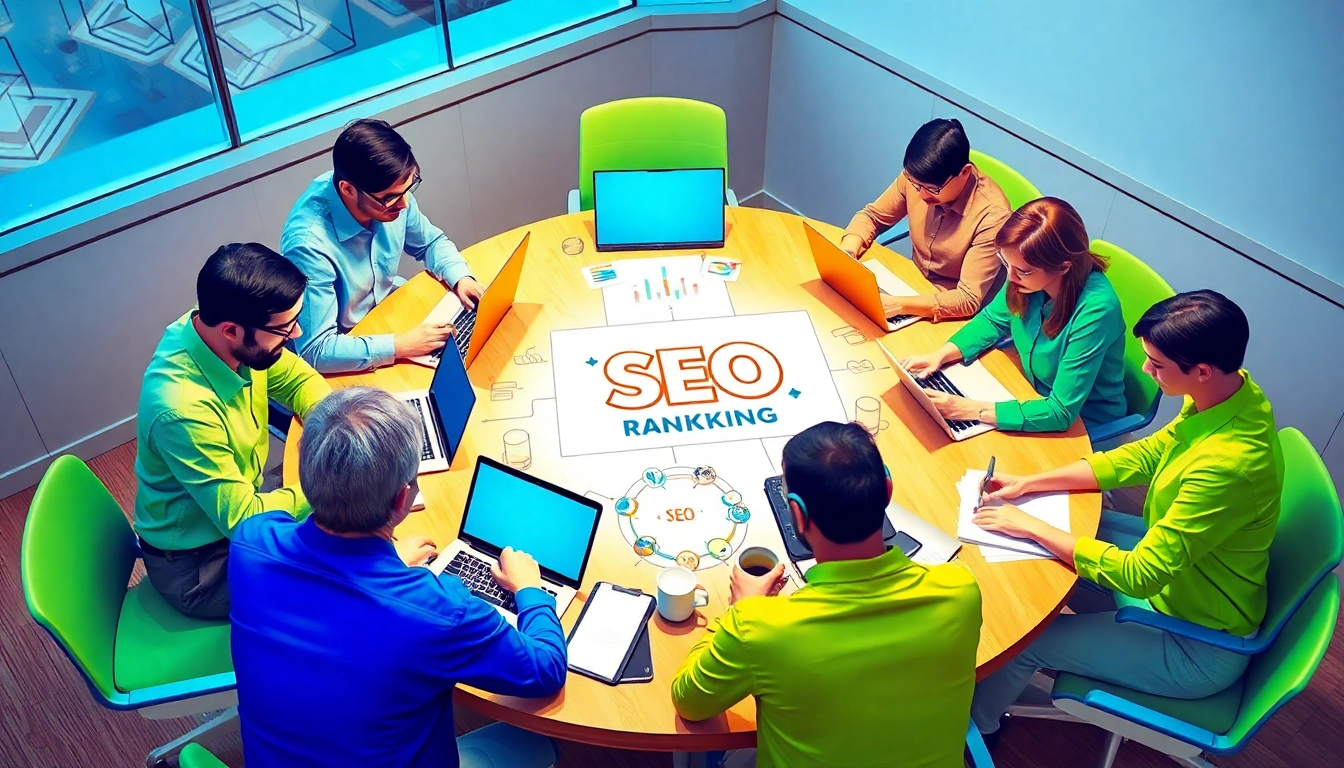Ein Team von digitalen Vermarktern analysiert SEO-Ranking-Strategien in einer modernen Büroumgebung.