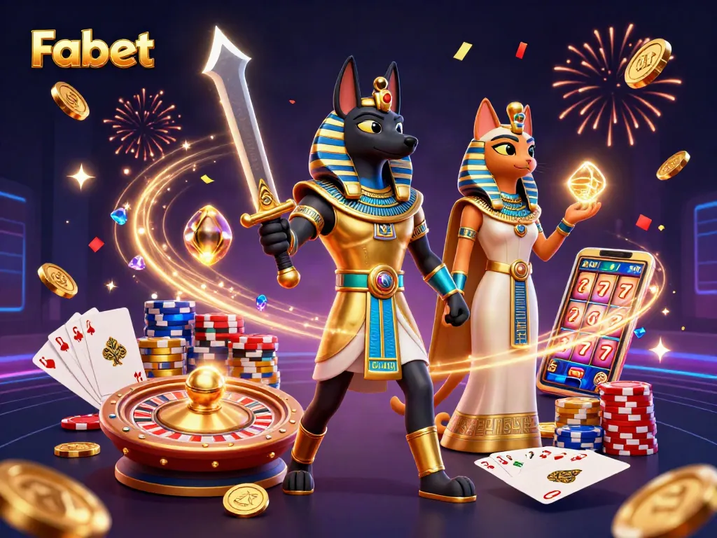 Engage with Fabet's dynamic gaming experience featuring an Egyptian warrior and casino elements.