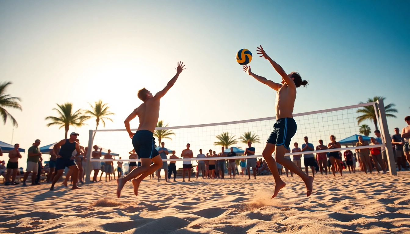 Spieler bei einem spannenden Beachvolleyballspiel auf https://thebeachvolleyballcamps.com/ mit Sonnenschein und aktiver Atmosphäre.