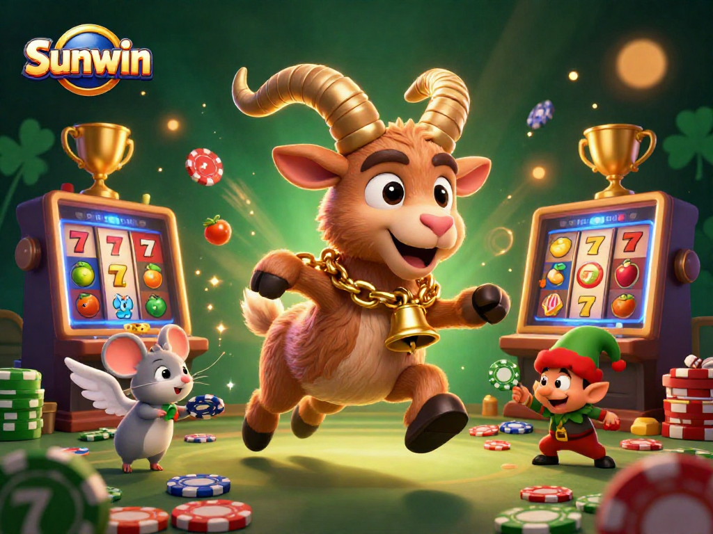 Experience thrilling gameplay at Sunwin casino with dynamic slot reels, cheerful characters, and festive animations.