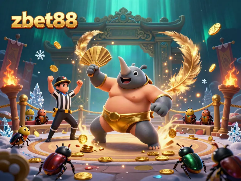 Experience zbet88 excitement with a 3D sumo beetle champion alluding to online betting action.