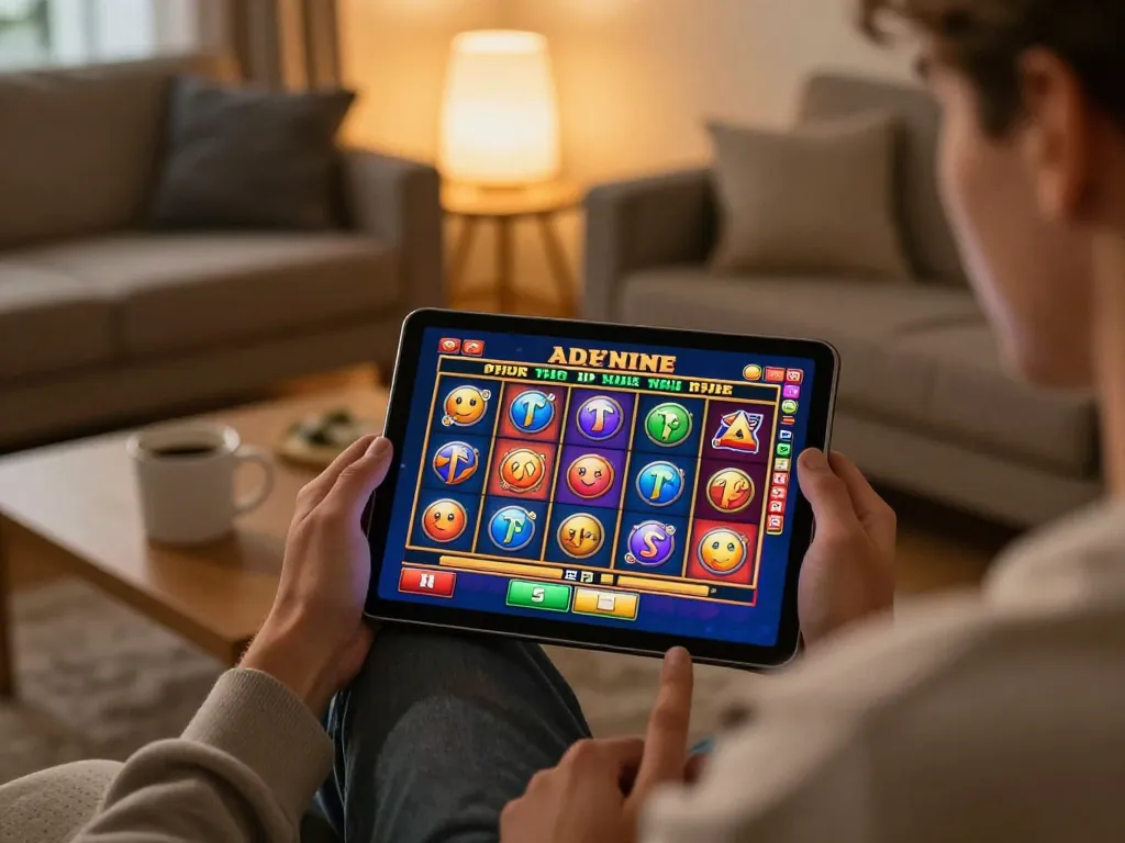 RR88 player enjoying live slot games on tablet in a cozy, stylish home environment.