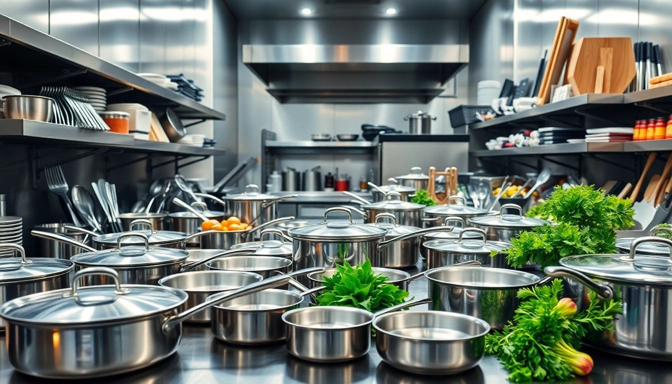 Gastronomie Bedarf in einer professionellen Küche, die verschiedene hochwertige Kochutensilien zeigt.