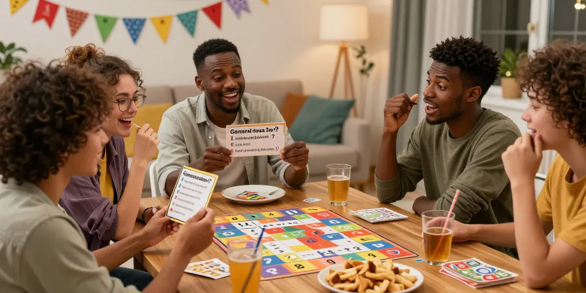Freunde spielen Quiz Allgemeinwissen in gemütlichem Raum, Freude und Lernen vereint.