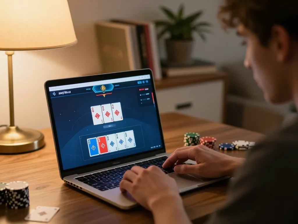 Player strategizing online poker at home using 678vip laptop, with cards and betting interface visible