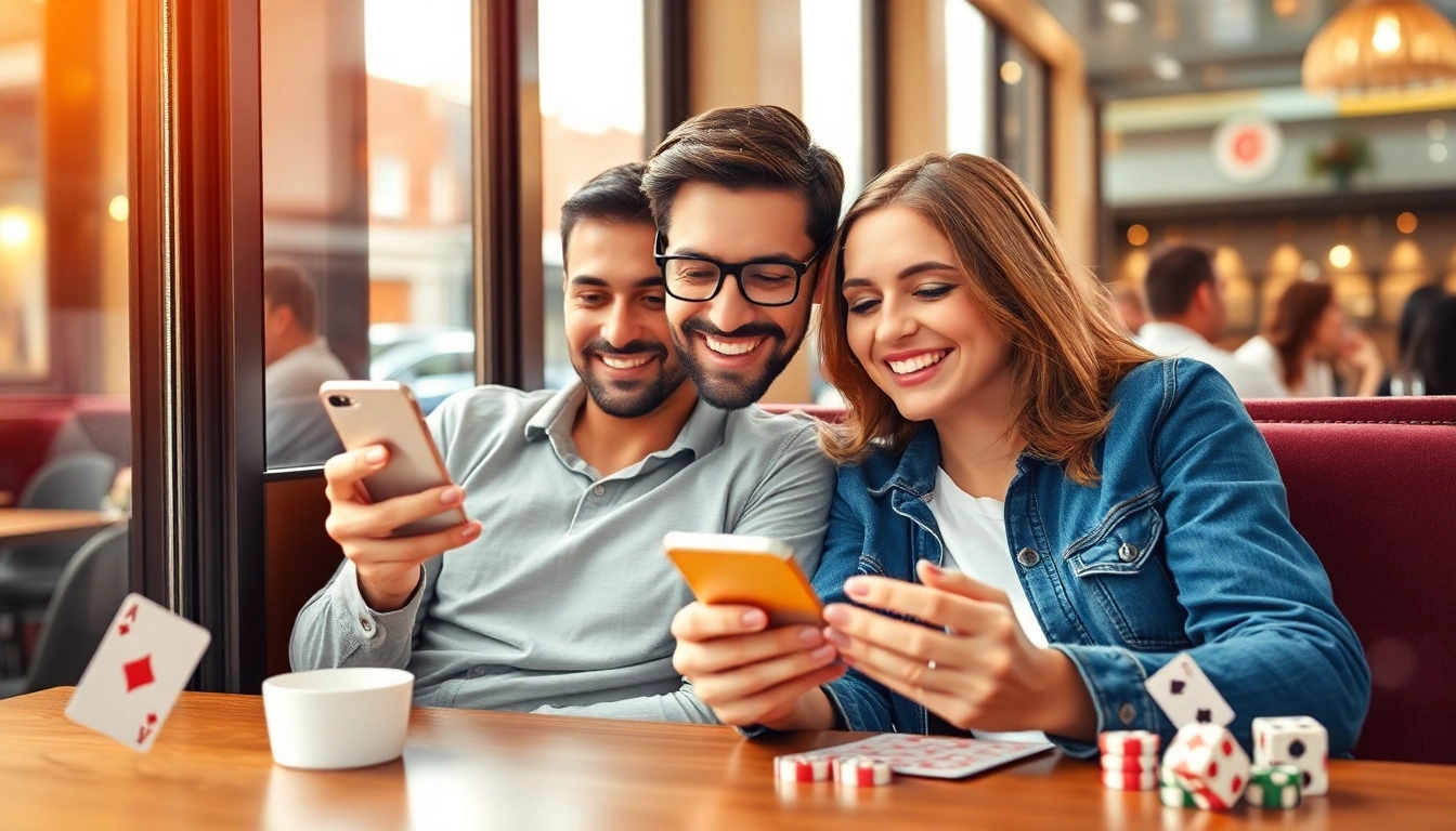 Erleben Sie die besten mobile online Casinos im Café, während ein Paar enthusiastisch Casino-Spiele auf dem Smartphone ausprobiert.