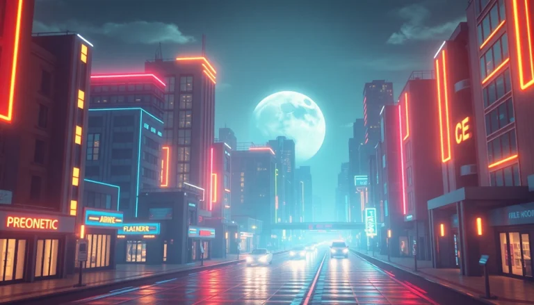 Erstellen Sie beeindruckende 3D Animationen eines futuristischen Stadtbildes mit kräftigen Farben und dynamischen Elementen.