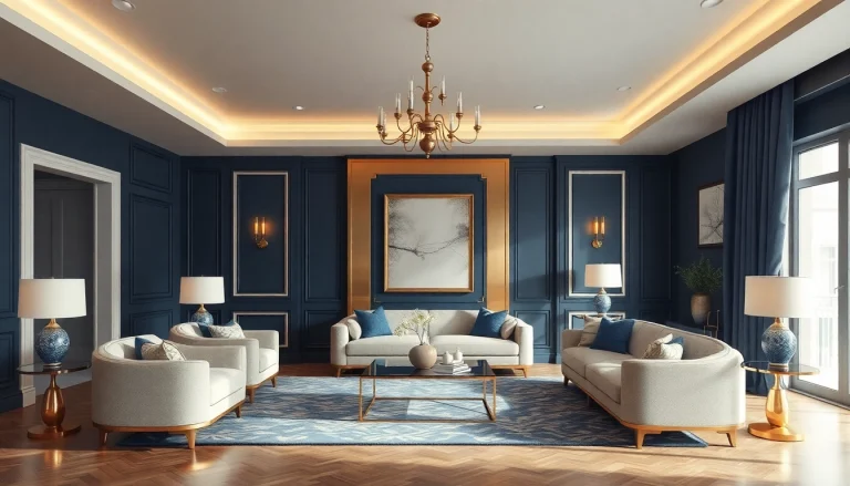 Experience luxury through a beautifully designed living room, showcasing opulent decor and soft lighting.