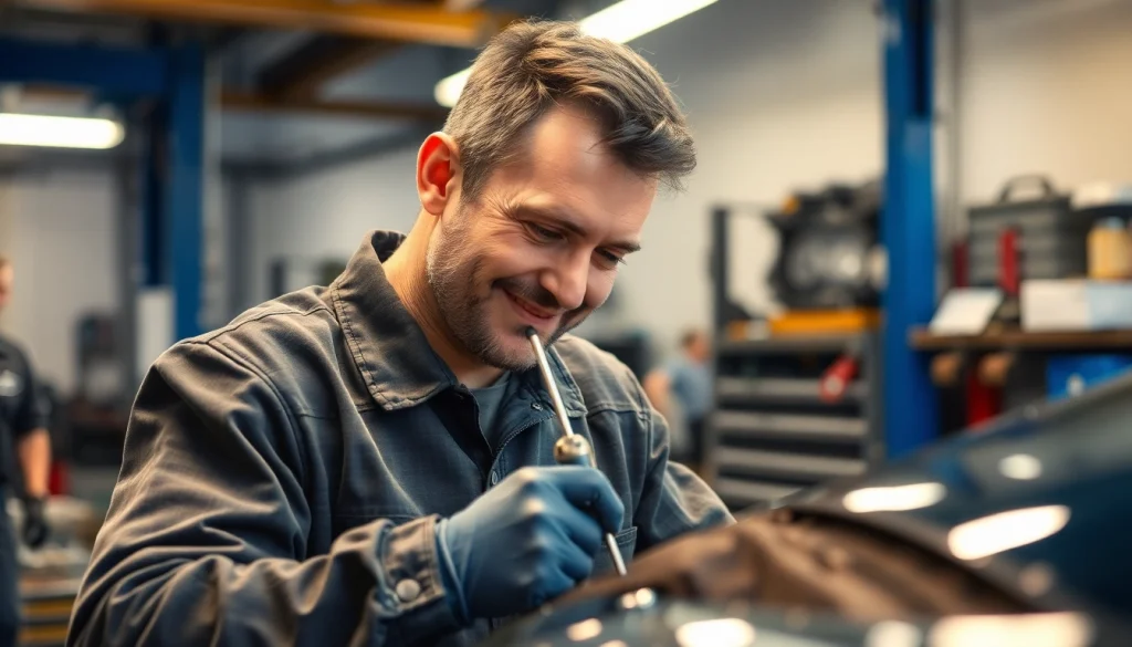 Hagelschaden Reparatur München: Mechaniker behandelt Delle in einer professionellen Werkstatt.