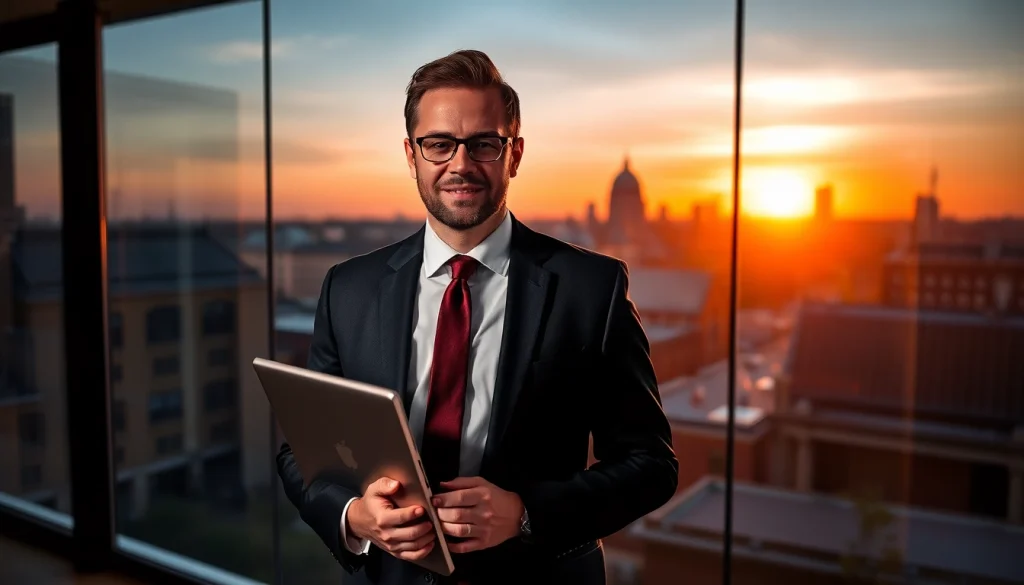 Headhunter Berlin präsentiert einen erfolgreichen Personalvermittler in einem modernen Büro mit Berliner Skyline.