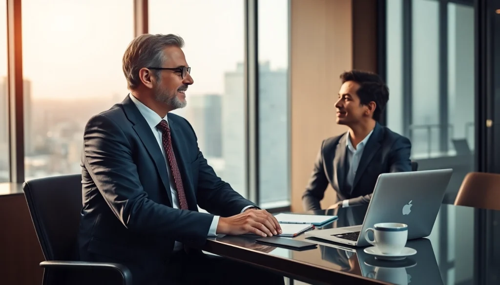 Headhunter Geschäftsführer in an engaging discussion with a CEO in a modern office.