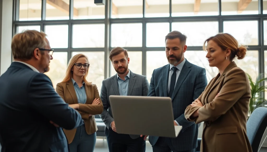Headhunter Ingenieure im Austausch mit Ingenieuren in modernem Büro.