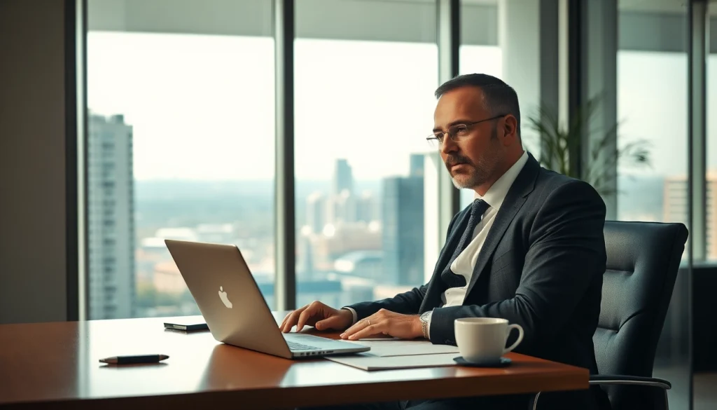 Headhunter CEO in seinem modernen Büro, konzentriert auf eine Rekrutierungssitzung.