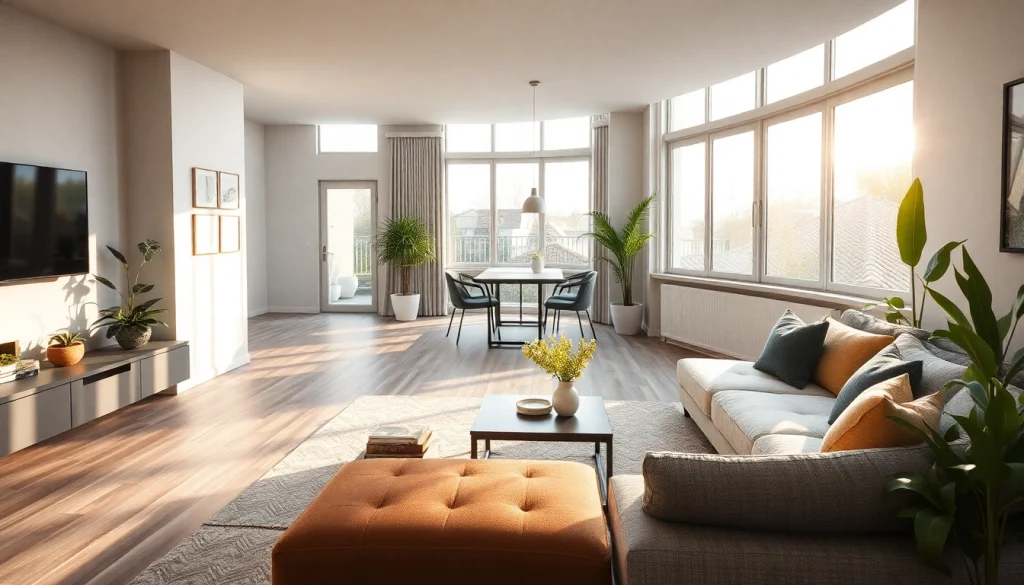 Raumgestaltung mit einem modernen, einladenden Wohnbereich, der elegantes Design und natürliche Lichtverhältnisse kombiniert.