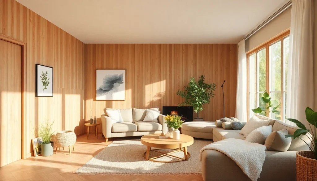 Raumgestaltung eines einladenden Wohnzimmers mit natürlichen Texturen und harmonischem Farbkonzept.