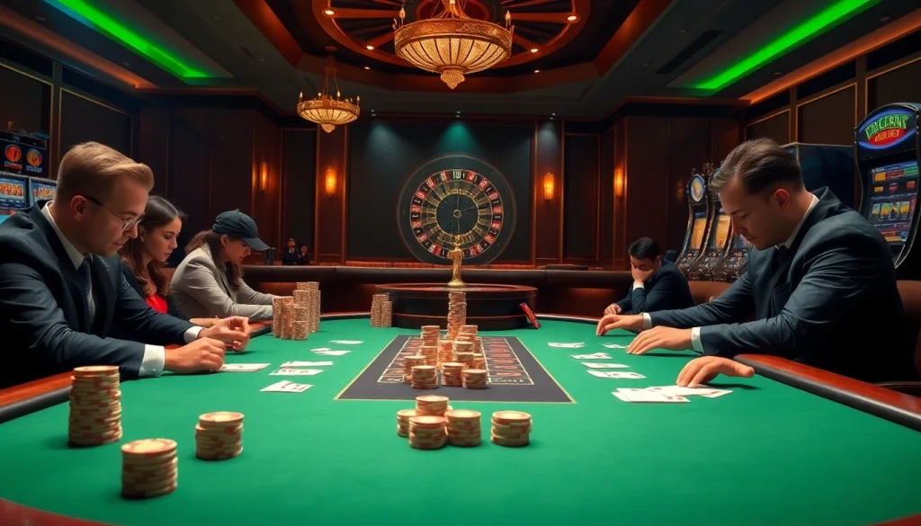 Players enjoy a thrilling poker game at RR88 casino, showcasing high stakes and excitement.