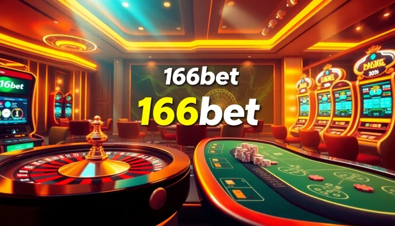 Experience the excitement of 166bet with vibrant casino visuals showcasing cards, roulette, and slot machines.