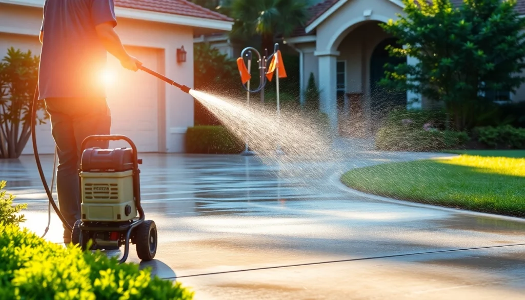 Driveway pressure wash by professionals rejuvenating concrete in Kissimmee, FL.