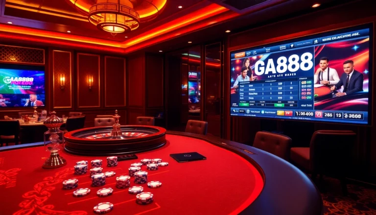 Engage in thrilling gameplay at Ga888, featuring a luxurious casino atmosphere with vibrant poker tables and roulette.