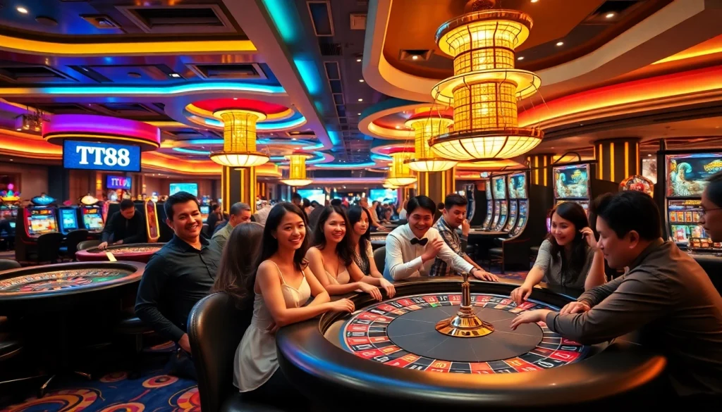 Players enjoying a thrilling gaming experience at TT88 Casino with slot machines and poker tables.
